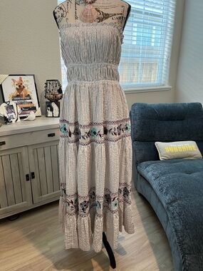 Free People Cream and Turquoise Strapless Smocked Maxi Dress